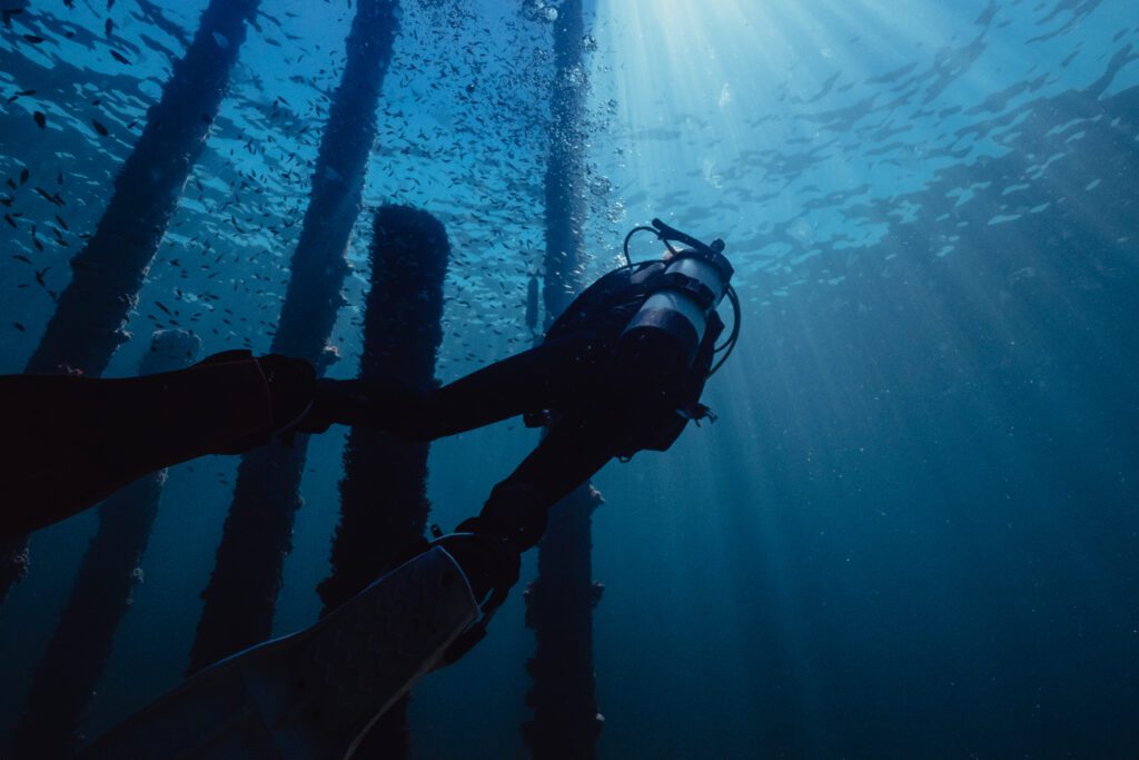 A scuba diver floating beneath the Jetty with sunlight shining down on him.