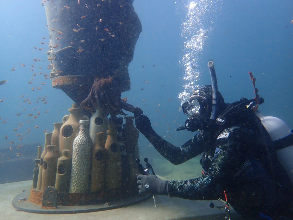 Diver on the sea floor beneath the Postmaster General, gently holding hands with a resident cuttlefish.