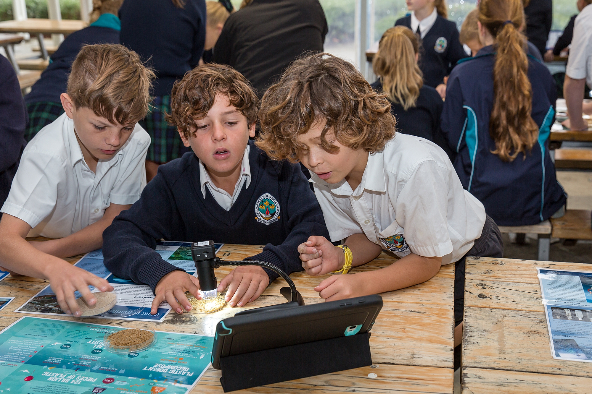 Three Primary School Students all working on a marine worksheet from our Schools Incursion Program.