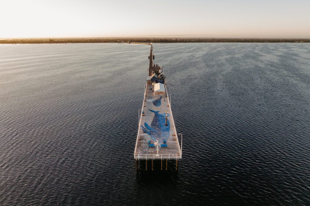 The end of the Busselton Jetty by air, facing South back towards the shore, showcasing the Blue Whale mural painted on the decking of the Jetty.